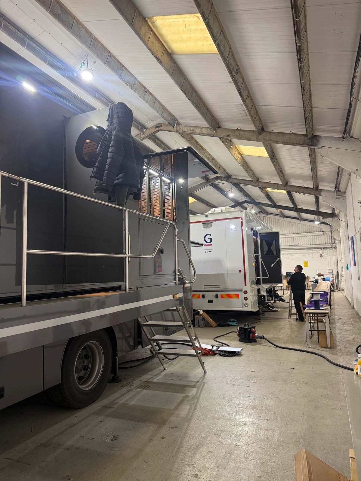 Expanded OB truck Outside broadcast truck with sides expanded during factory commissioning at Mottram Broadcast