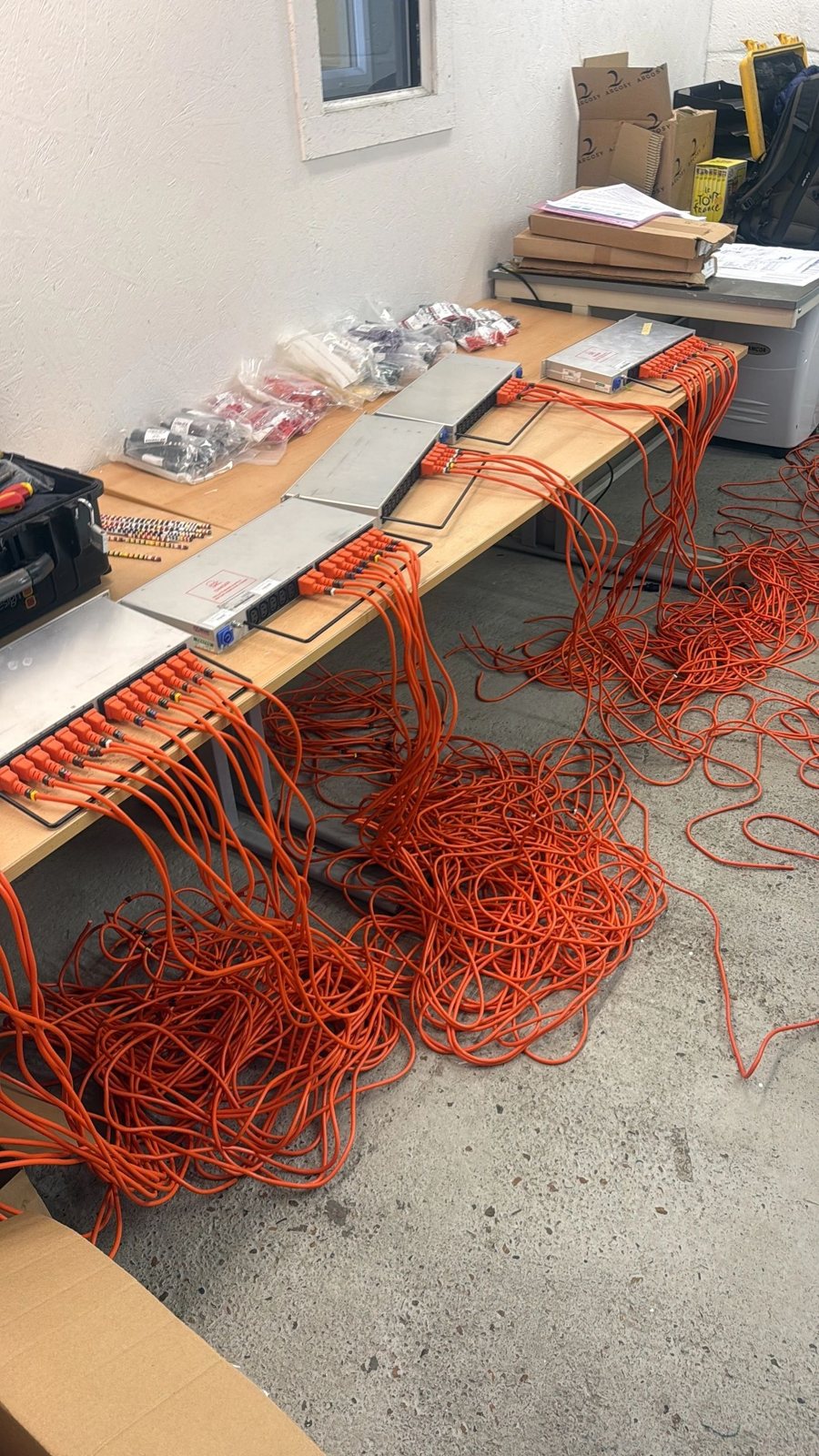 Loom bench, Chelmsford Orange broadcast cable looms laid out and labelled on the fabrication bench at Mitch Mottram's Mottram Broadcast facility