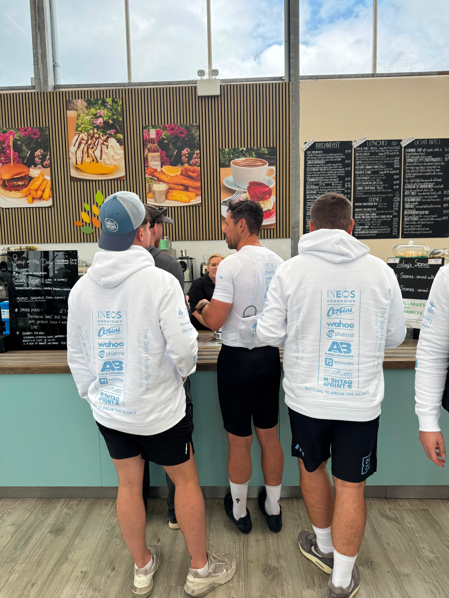 Sponsor kit, back of house Mitch Mottram's Longest Round crew hoodies showing sponsor logos and the line Battling To Break The Silence