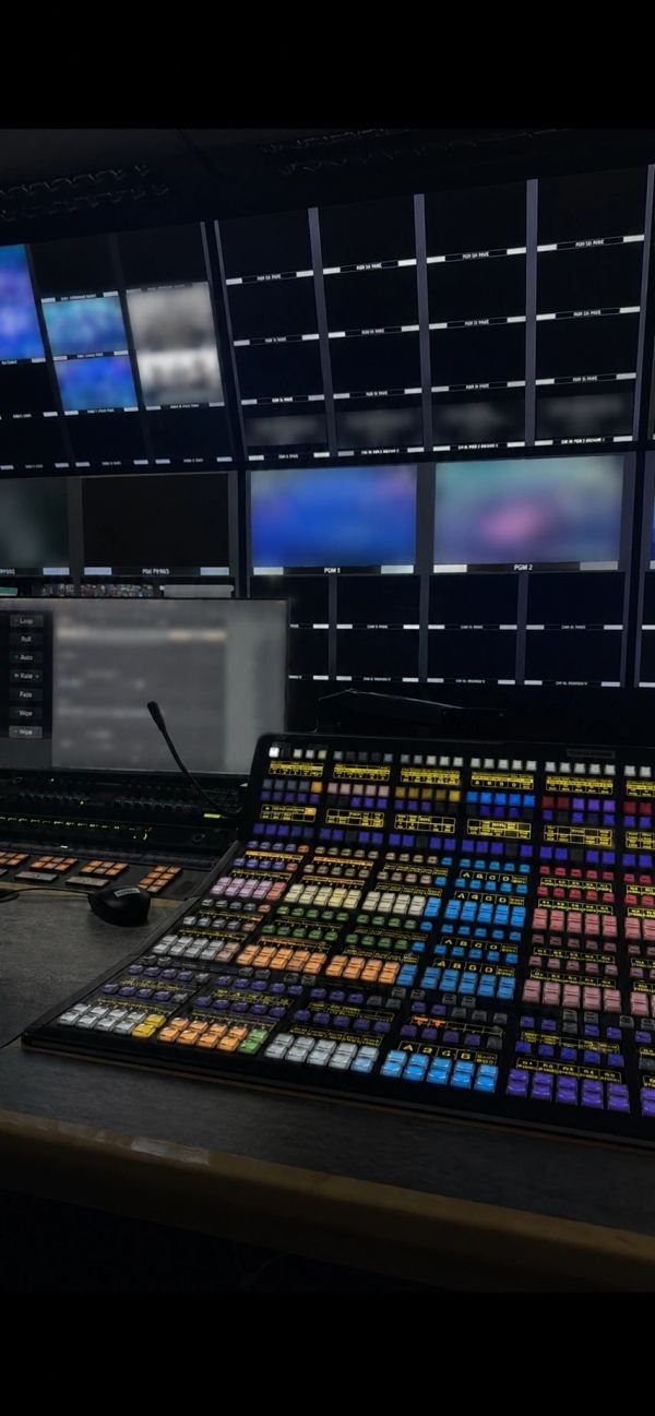Gallery vision mixer Broadcast gallery vision mixer panel in a control room built by Mitch Mottram's Mottram Broadcast