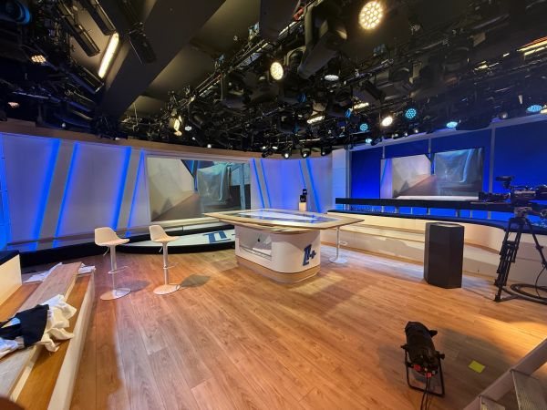 Studio set and lighting build Television studio set with lighting rig and floor infrastructure installed by Mottram Broadcast