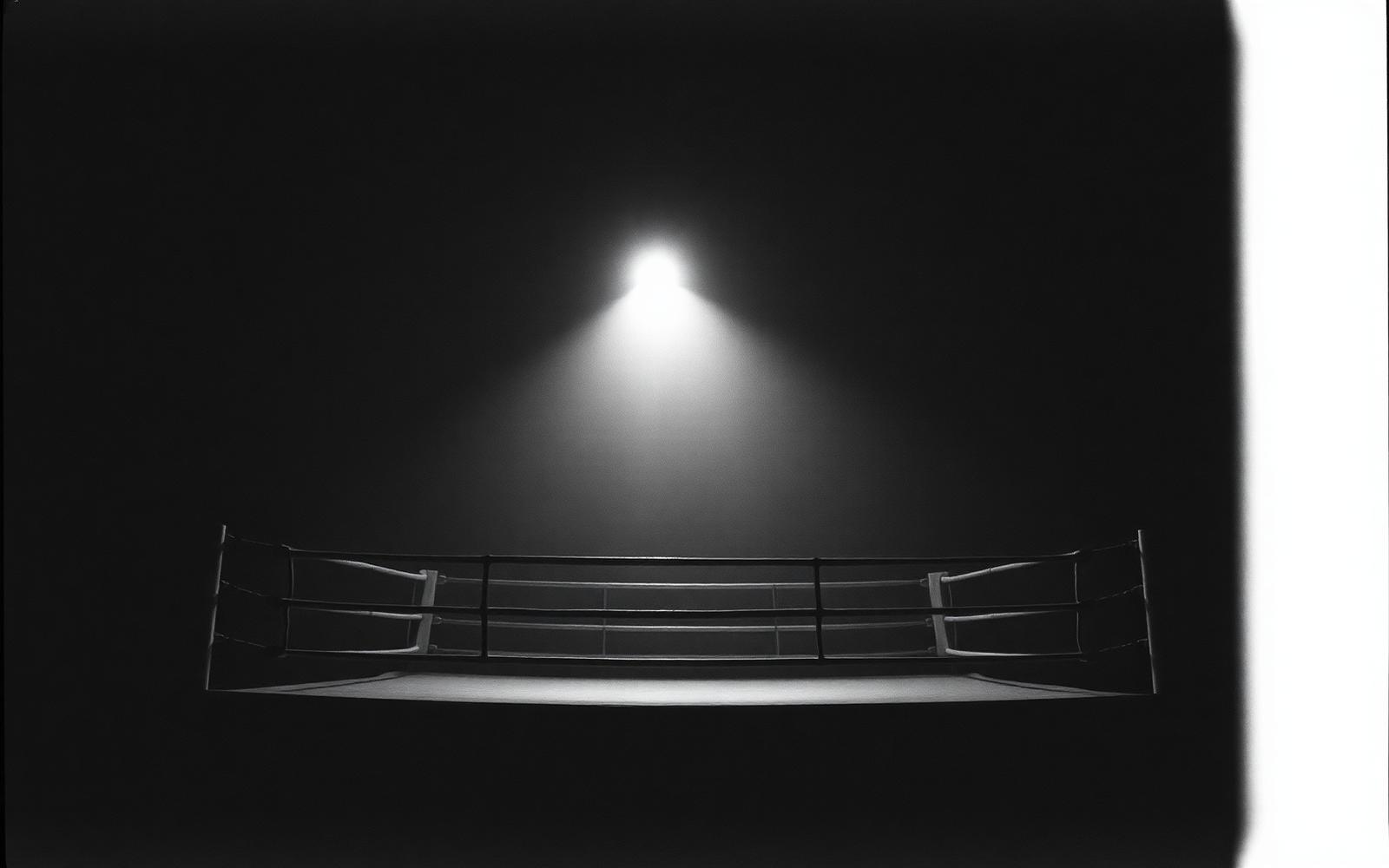 Empty boxing ring lit by a single overhead light