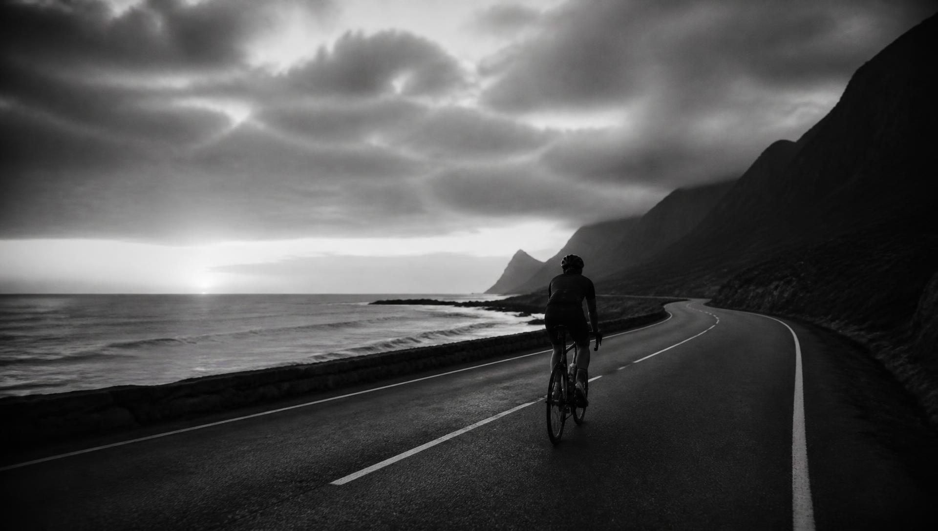 Lone cyclist riding out at dawn on an empty road