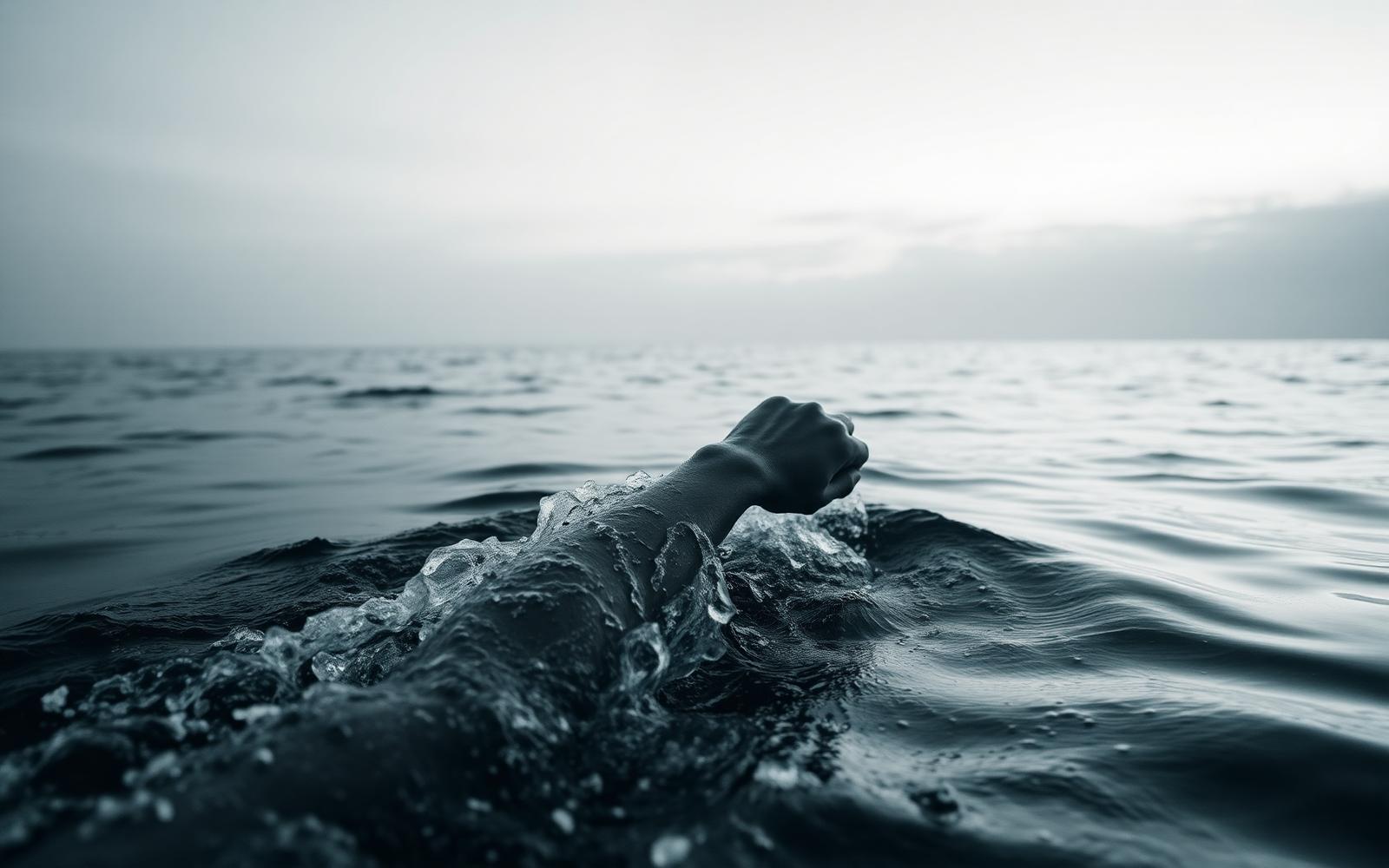 Open water swimmer training in cold grey sea